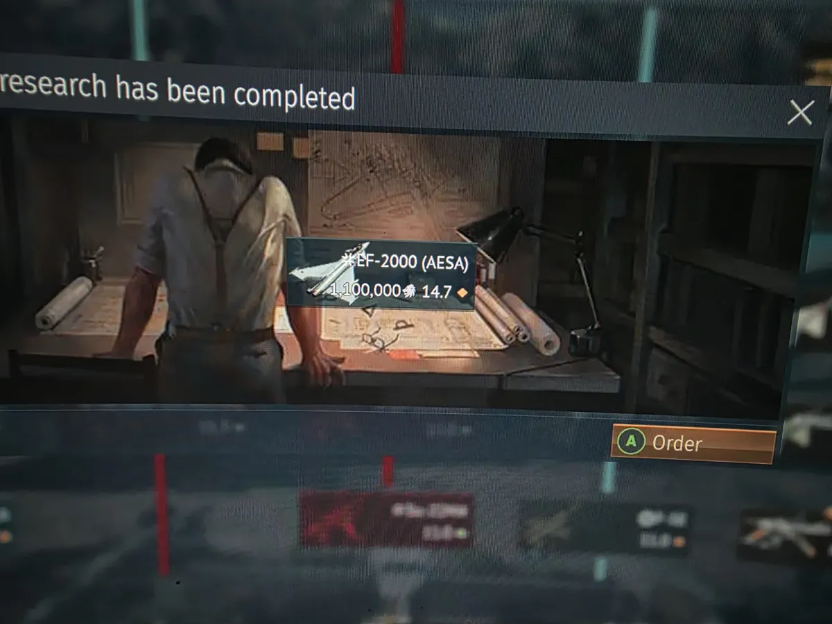 War Thunder research-completed screen for the EF-2000 (AESA), costing 1,100,000 research points