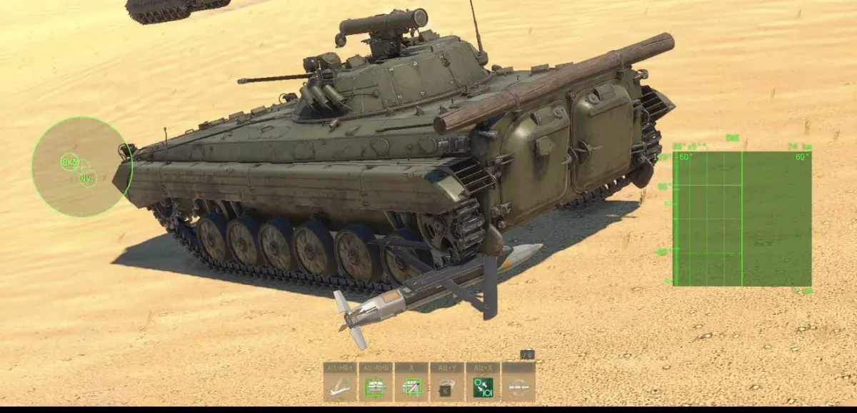 An infantry fighting vehicle in the desert with an unexploded bomb stuck under its hull